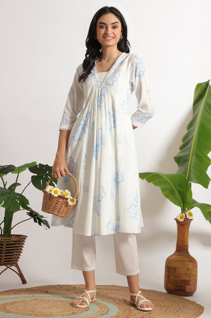 W for Woman White Floral Printed Cotton Swiss Dot Kurta and Pants Co-ord Set