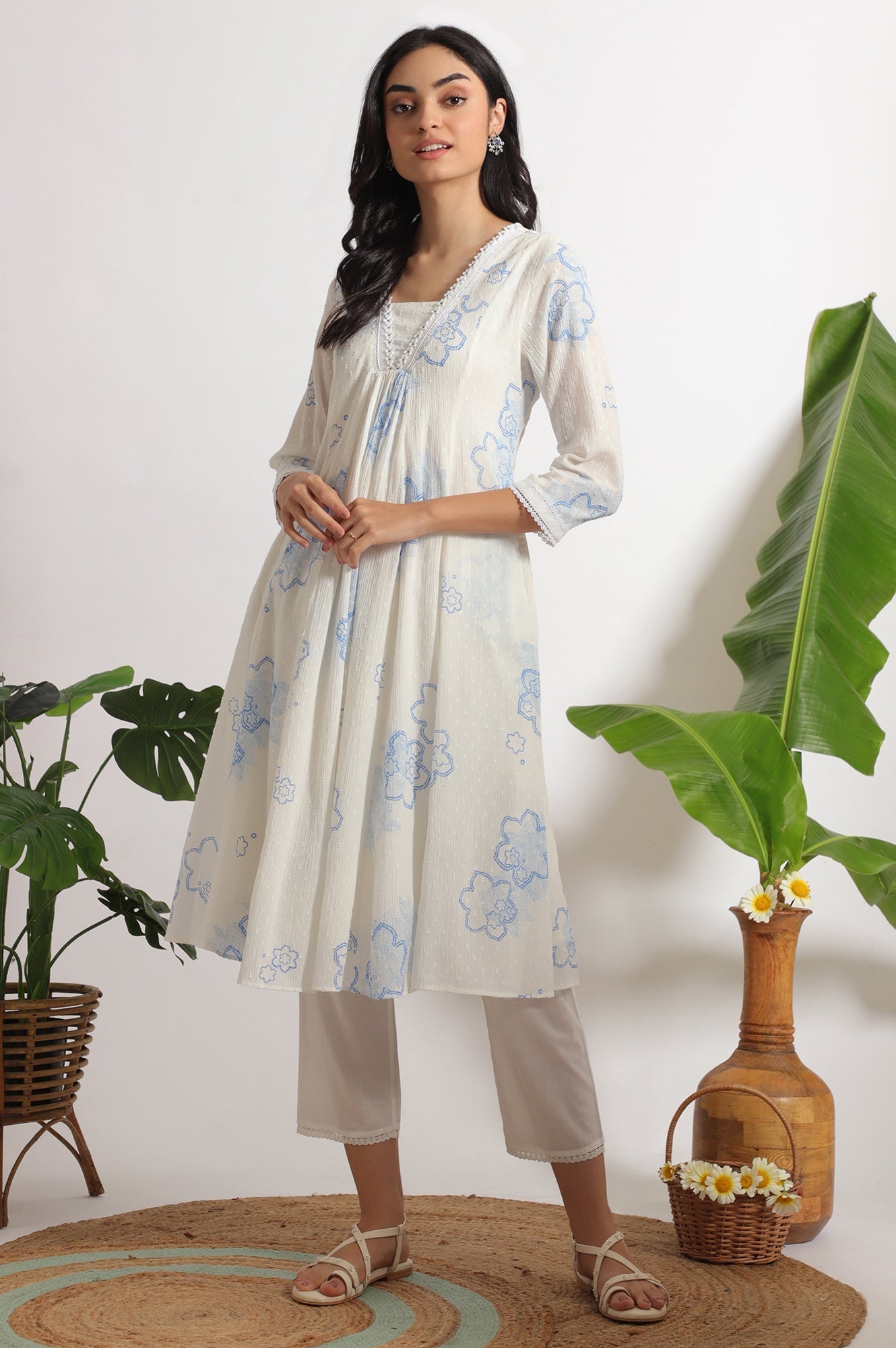 W for Woman White Floral Printed Cotton Swiss Dot Kurta and Pants Co-ord Set