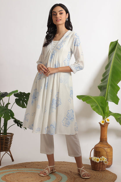 W for Woman White Floral Printed Cotton Swiss Dot Kurta and Pants Co-ord Set
