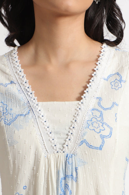 W for Woman White Floral Printed Cotton Swiss Dot Kurta and Pants Co-ord Set