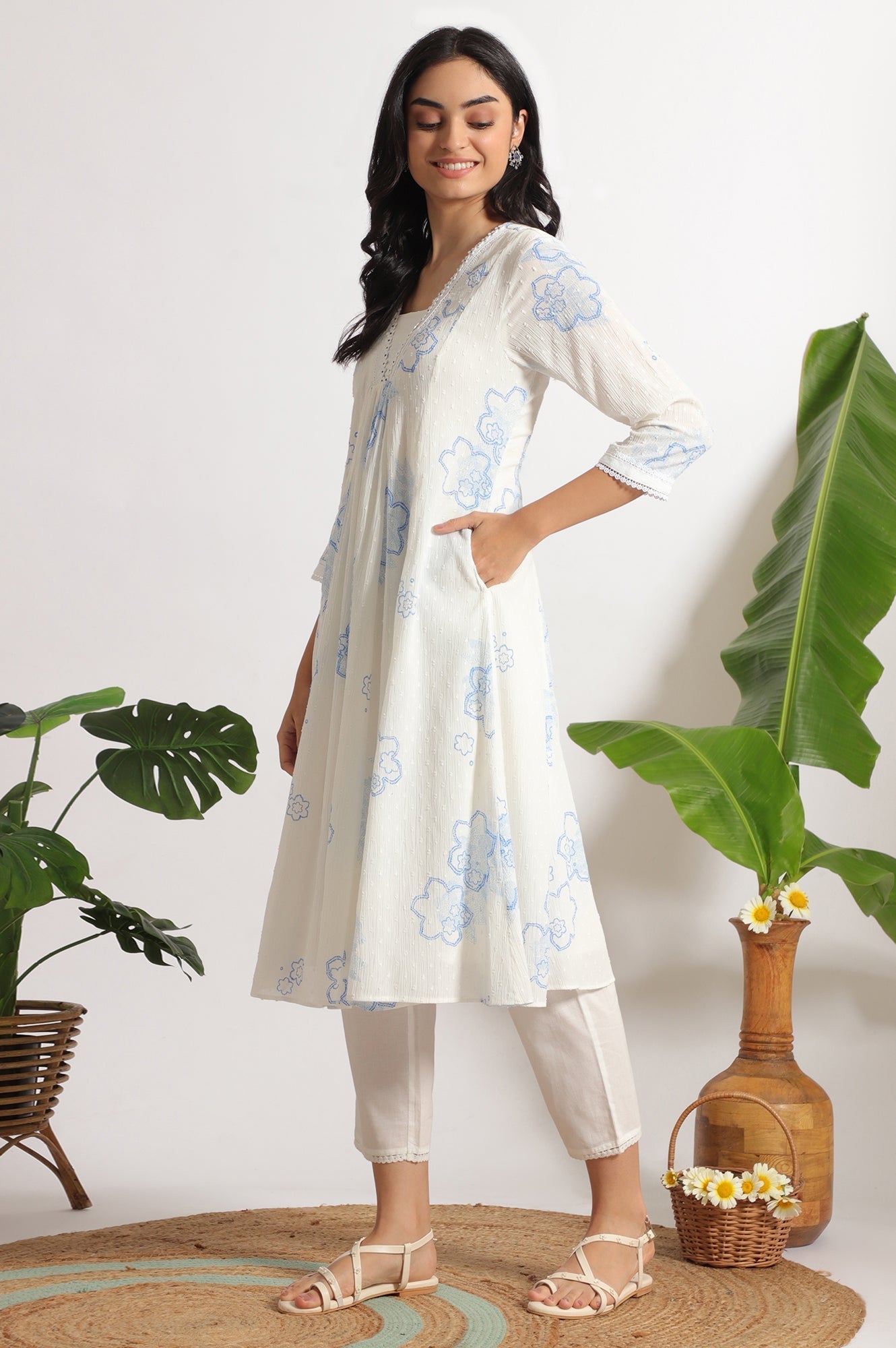 W for Woman White Floral Printed Cotton Swiss Dot Kurta and Pants Co-ord Set