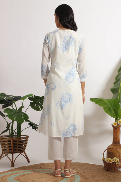W for Woman White Floral Printed Cotton Swiss Dot Kurta and Pants Co-ord Set