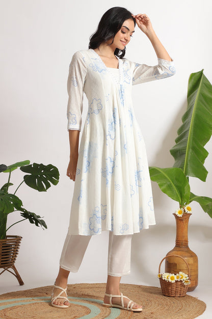 W for Woman White Floral Printed Cotton Swiss Dot Kurta and Pants Co-ord Set
