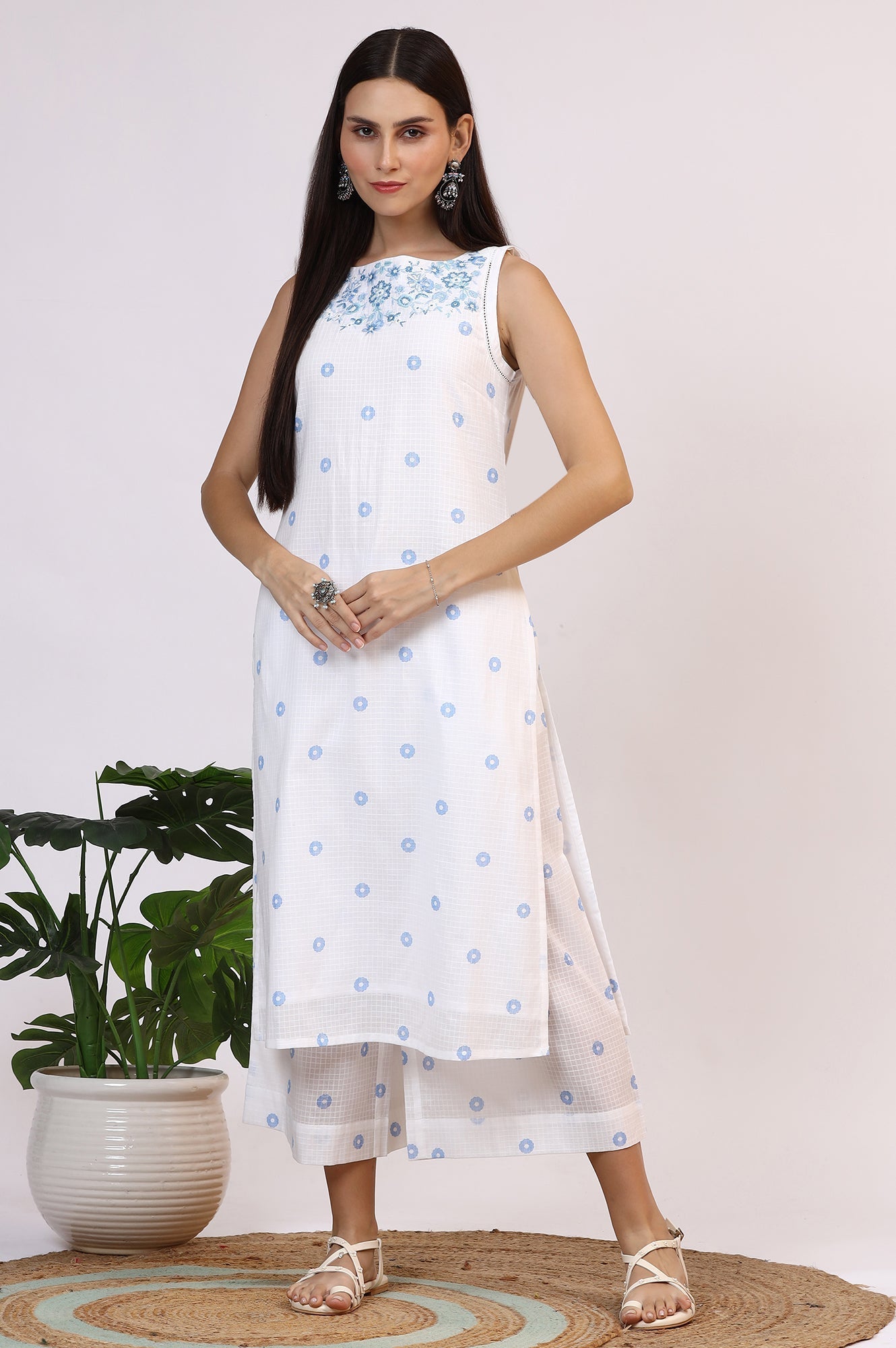 W for Woman White Checker Embroidered Straight Kurta and Flared Pants Co-ord Set