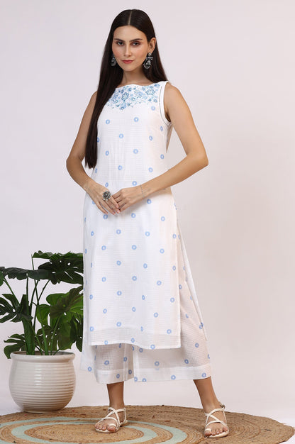 W for Woman White Checker Embroidered Straight Kurta and Flared Pants Co-ord Set