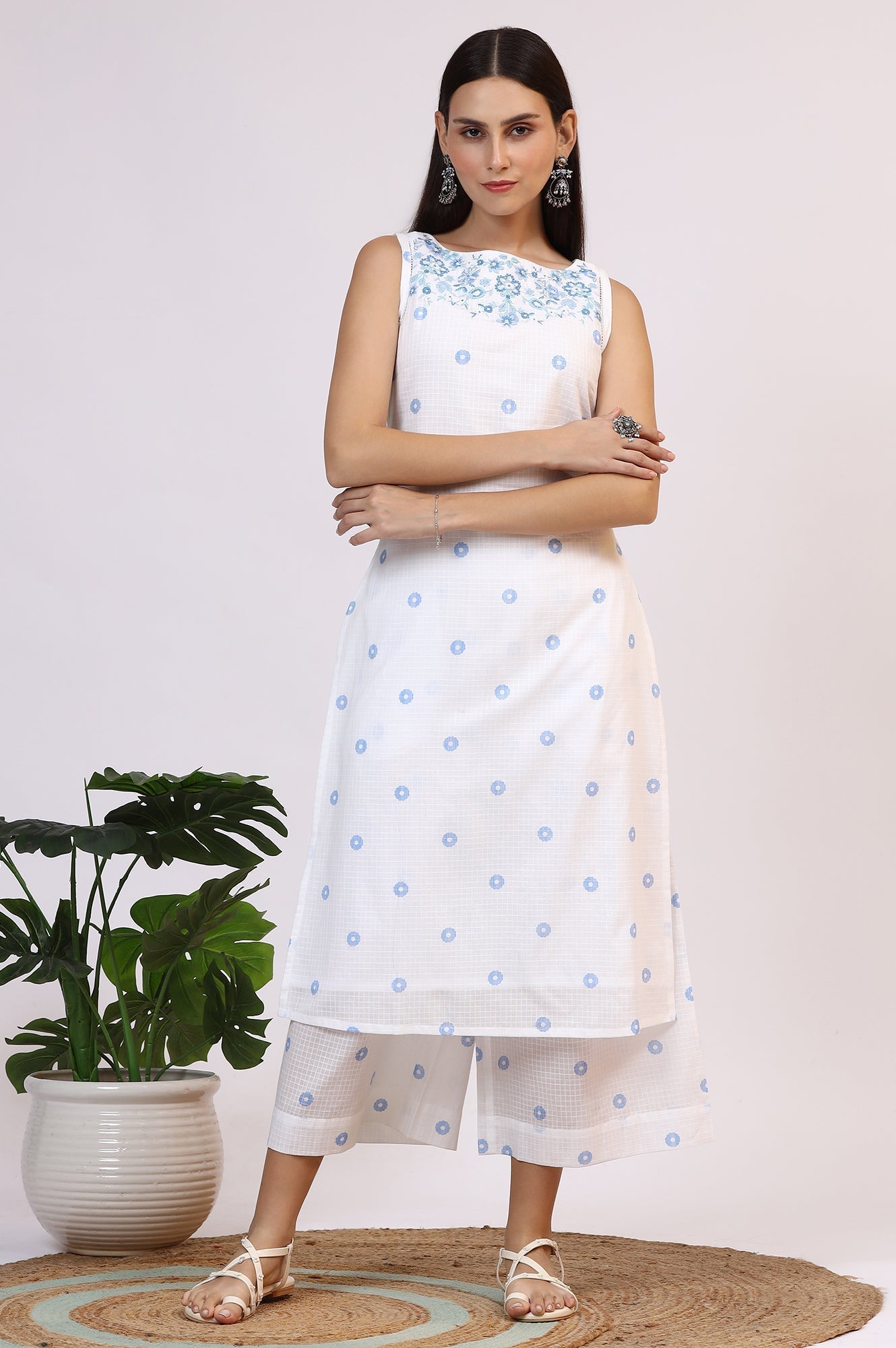 W for Woman White Checker Embroidered Straight Kurta and Flared Pants Co-ord Set