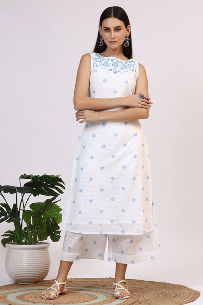 W for Woman White Checker Embroidered Straight Kurta and Flared Pants Co-ord Set