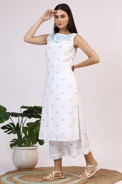 W for Woman White Checker Embroidered Straight Kurta and Flared Pants Co-ord Set
