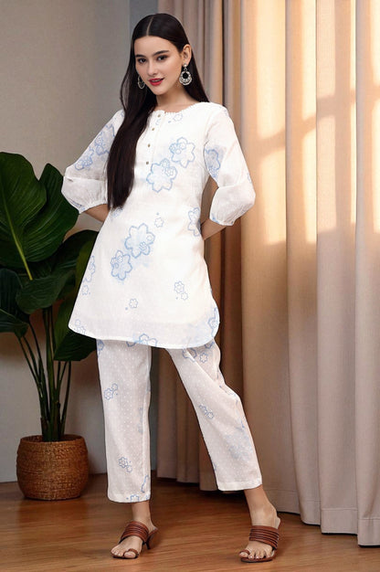 W for Woman White Printed Pure Cotton Swiss Dot Straight Tunic and Straight Pants Co-ord Set