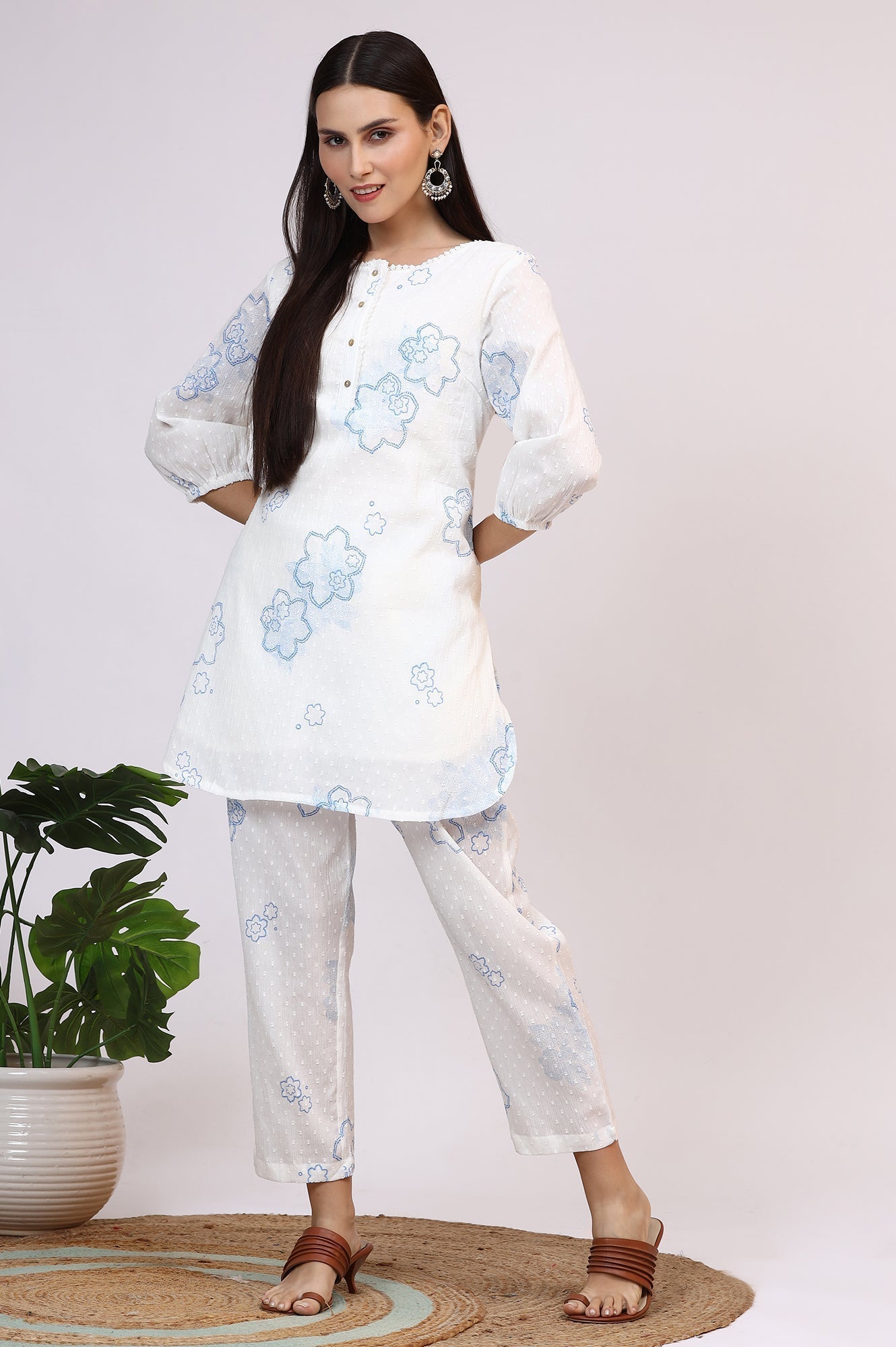 W for Woman White Printed Pure Cotton Swiss Dot Straight Tunic and Straight Pants Co-ord Set