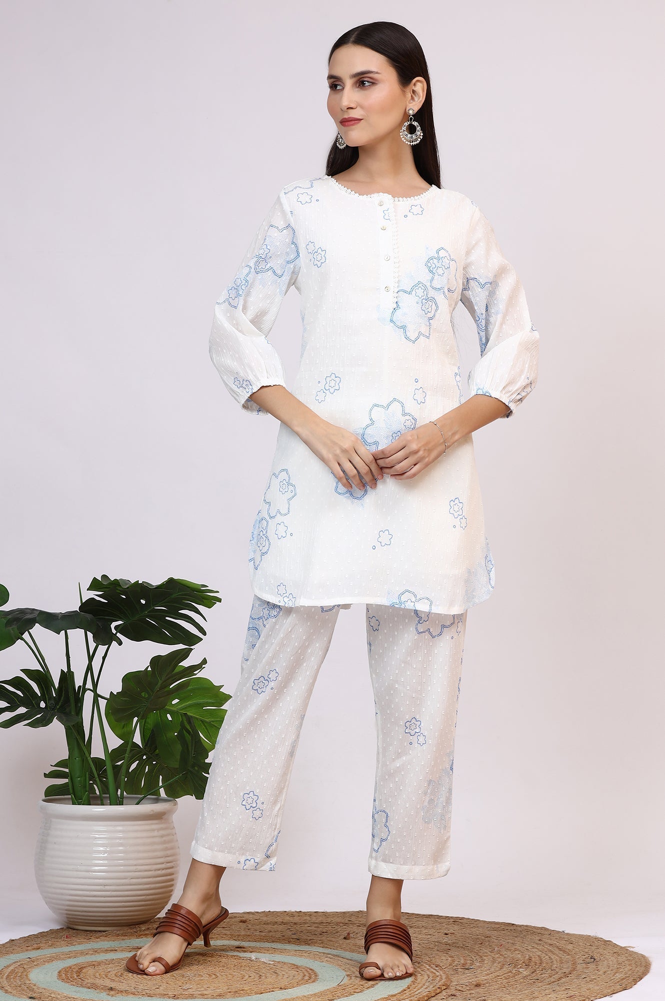 W for Woman White Printed Pure Cotton Swiss Dot Straight Tunic and Straight Pants Co-ord Set