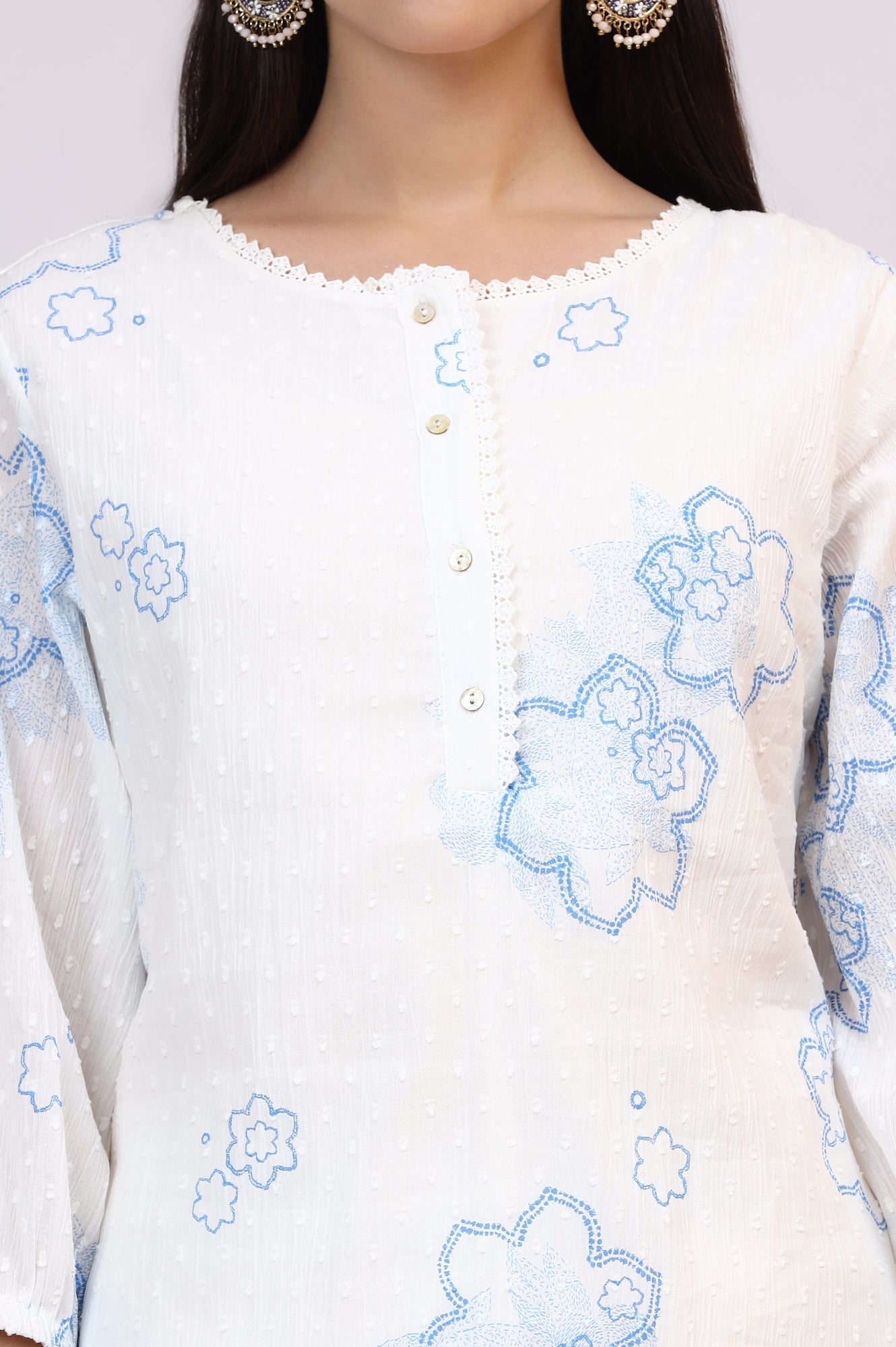 W for Woman White Printed Pure Cotton Swiss Dot Straight Tunic and Straight Pants Co-ord Set