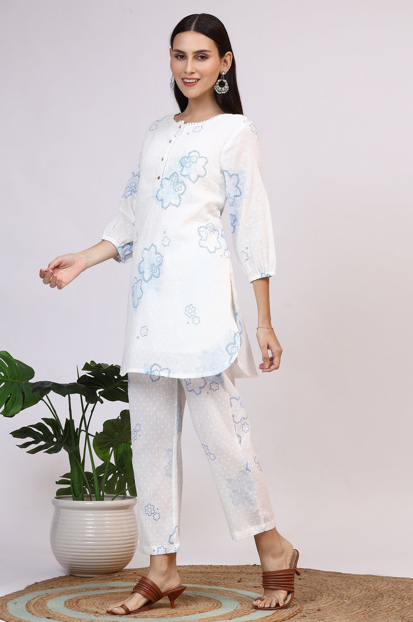 W for Woman White Printed Pure Cotton Swiss Dot Straight Tunic and Straight Pants Co-ord Set