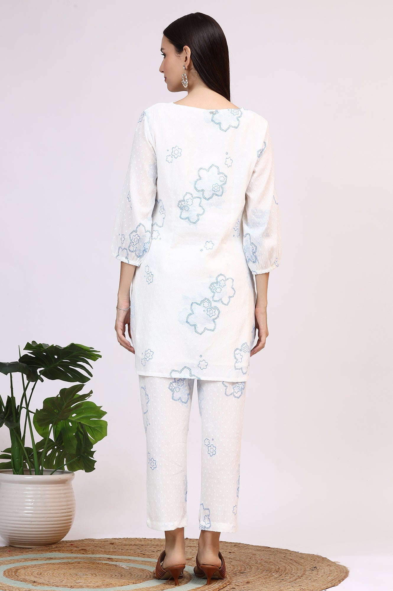 W for Woman White Printed Pure Cotton Swiss Dot Straight Tunic and Straight Pants Co-ord Set
