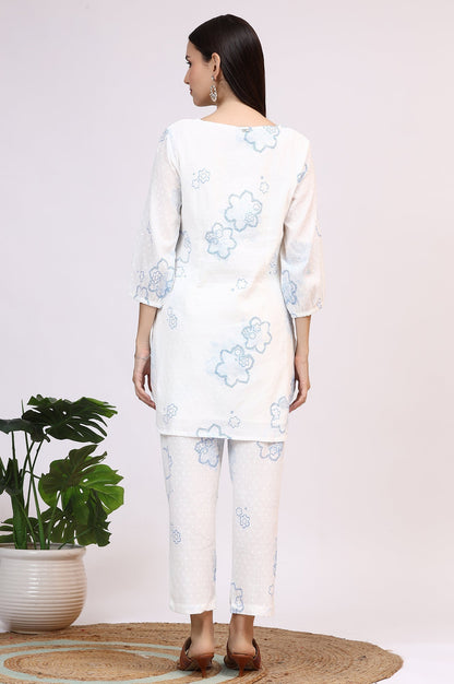 W for Woman White Printed Pure Cotton Swiss Dot Straight Tunic and Straight Pants Co-ord Set