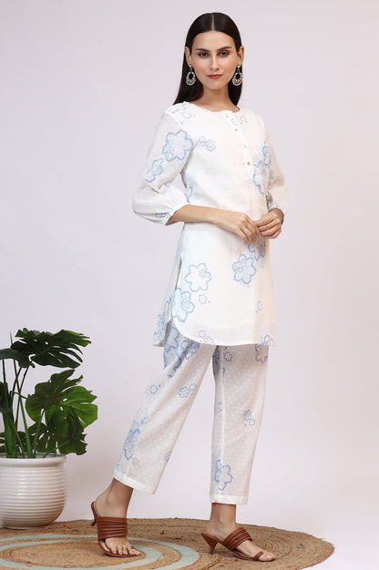 W for Woman White Printed Pure Cotton Swiss Dot Straight Tunic and Straight Pants Co-ord Set