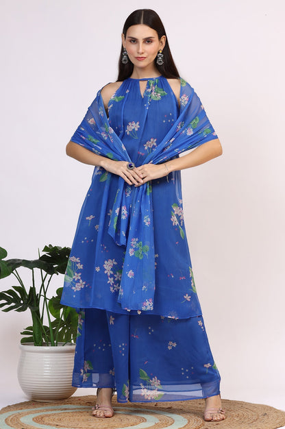 W for Woman Blue Floral Printed Halter Neck Chiffon Kurta with Flared Pants and Dupatta Set