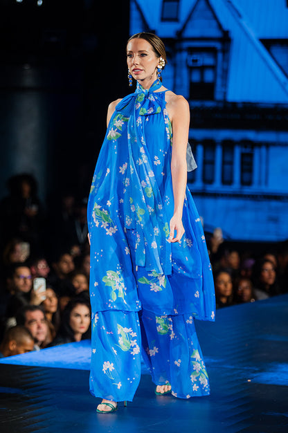 W for Woman Blue Floral Printed Halter Neck Chiffon Kurta with Flared Pants and Dupatta Set