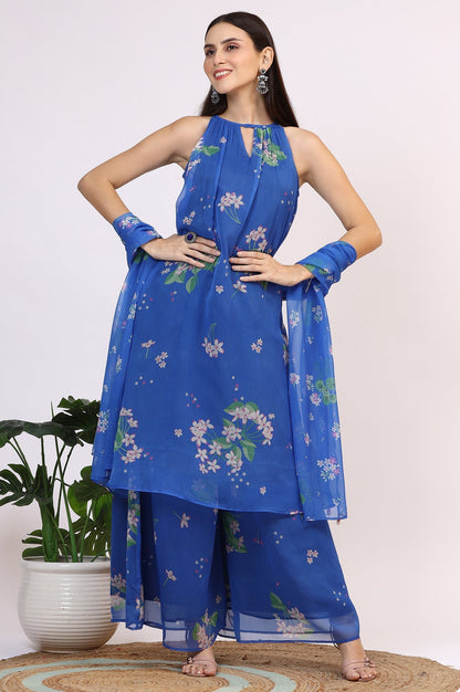 W for Woman Blue Floral Printed Halter Neck Chiffon Kurta with Flared Pants and Dupatta Set