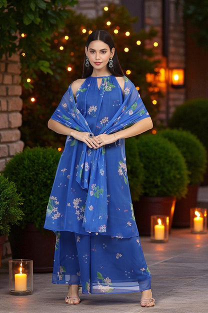 W for Woman Blue Floral Printed Halter Neck Chiffon Kurta with Flared Pants and Dupatta Set