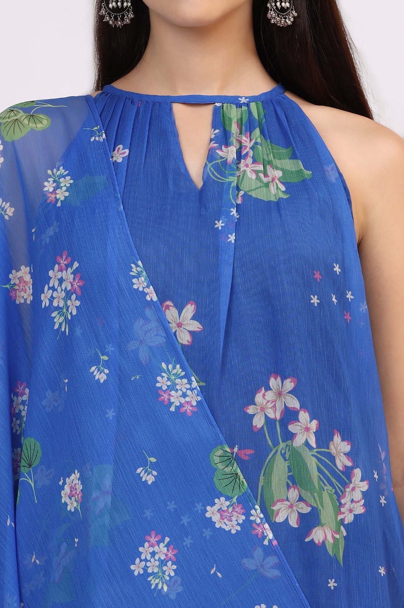W for Woman Blue Floral Printed Halter Neck Chiffon Kurta with Flared Pants and Dupatta Set