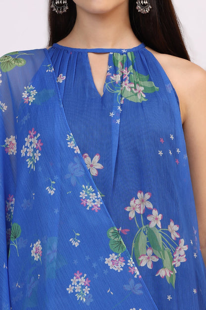 W for Woman Blue Floral Printed Halter Neck Chiffon Kurta with Flared Pants and Dupatta Set