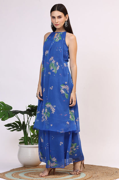 W for Woman Blue Floral Printed Halter Neck Chiffon Kurta with Flared Pants and Dupatta Set