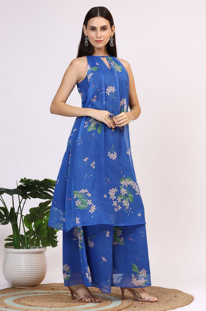 W for Woman Blue Floral Printed Halter Neck Chiffon Kurta with Flared Pants and Dupatta Set