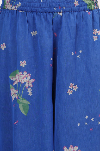 W for Woman Blue Floral Printed Halter Neck Chiffon Kurta with Flared Pants and Dupatta Set