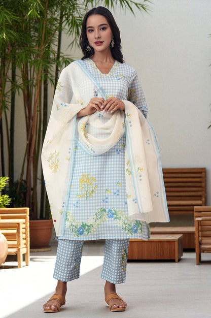 W for Woman Blue Checker Chanderi Straight Kurta, Pants and Dupatta Set