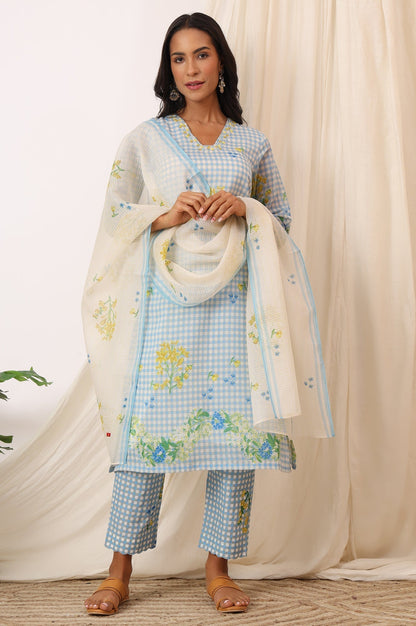 W for Woman Blue Checker Chanderi Straight Kurta, Pants and Dupatta Set