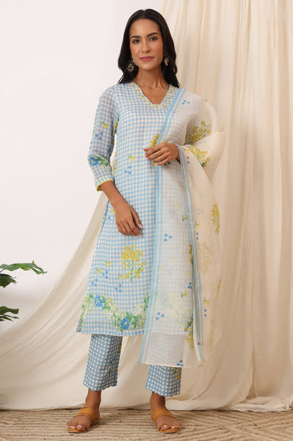 W for Woman Blue Checker Chanderi Straight Kurta, Pants and Dupatta Set
