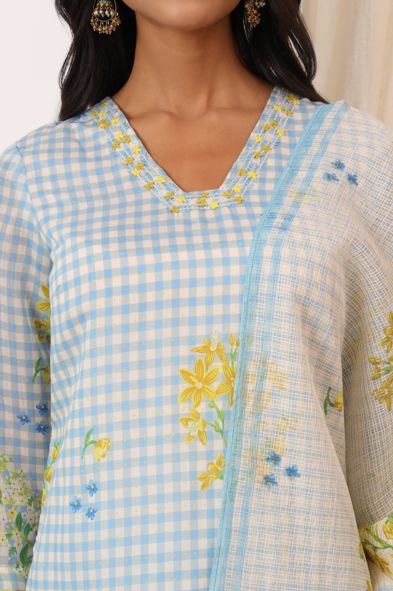 W for Woman Blue Checker Chanderi Straight Kurta, Pants and Dupatta Set