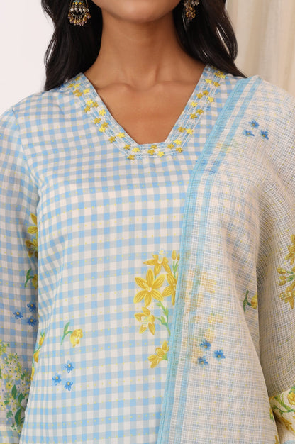 W for Woman Blue Checker Chanderi Straight Kurta, Pants and Dupatta Set