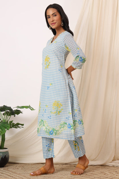 W for Woman Blue Checker Chanderi Straight Kurta, Pants and Dupatta Set