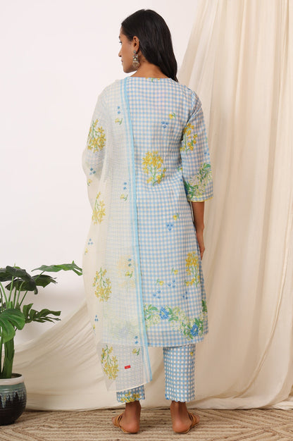 W for Woman Blue Checker Chanderi Straight Kurta, Pants and Dupatta Set