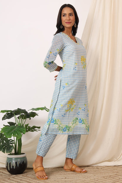 W for Woman Blue Checker Chanderi Straight Kurta, Pants and Dupatta Set