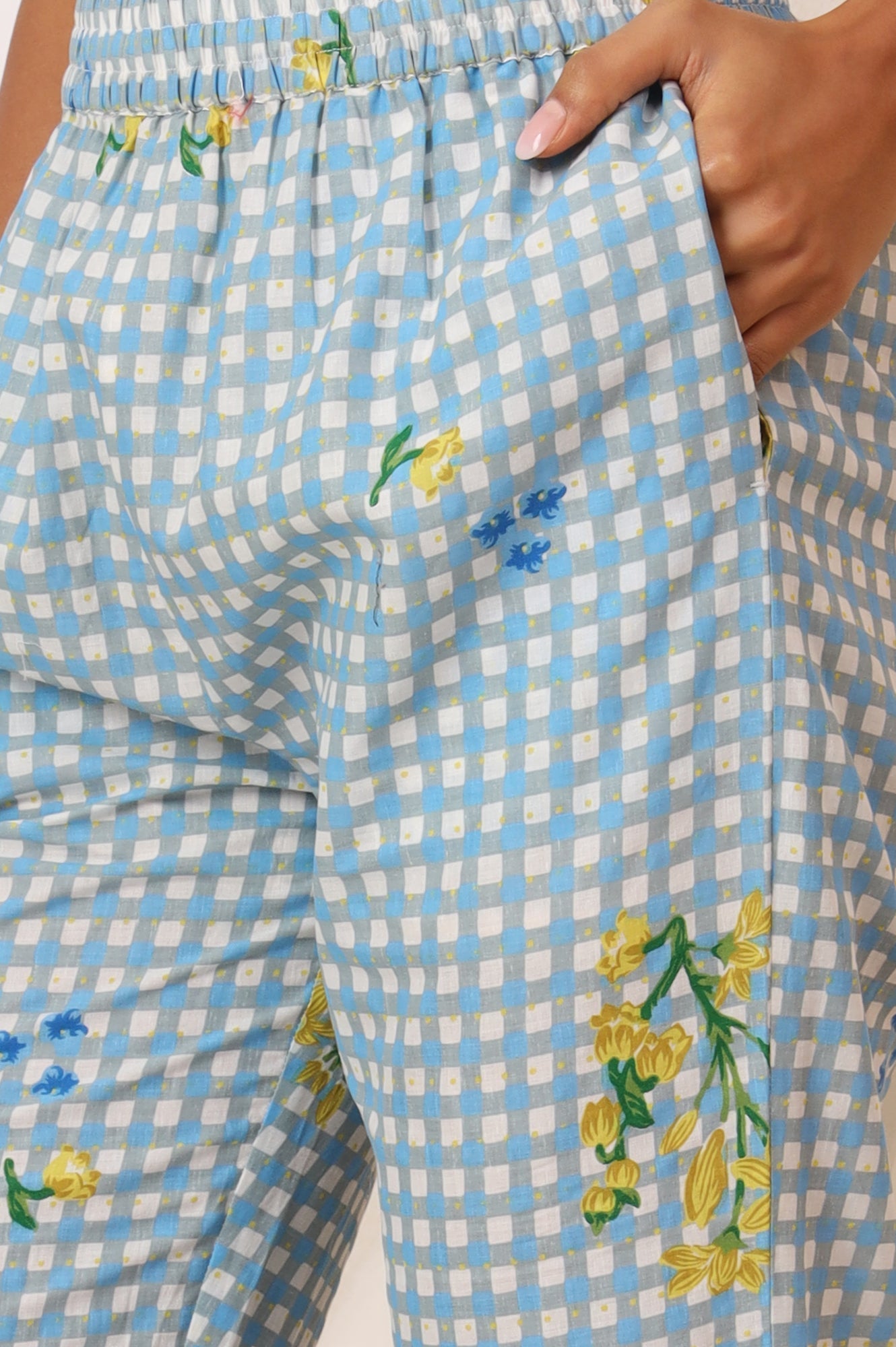W for Woman Blue Checker Chanderi Straight Kurta, Pants and Dupatta Set
