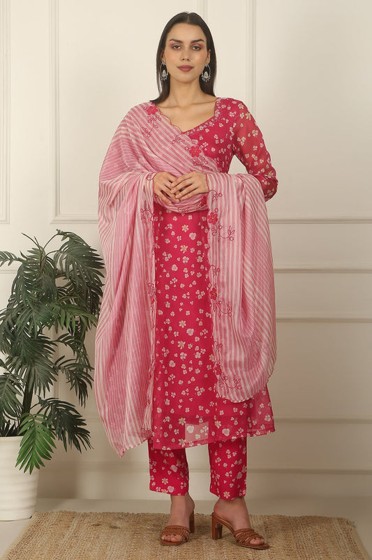 W for Woman Pink Floral Printed Organza Anarkali Kurta, Pants and Dupatta Set