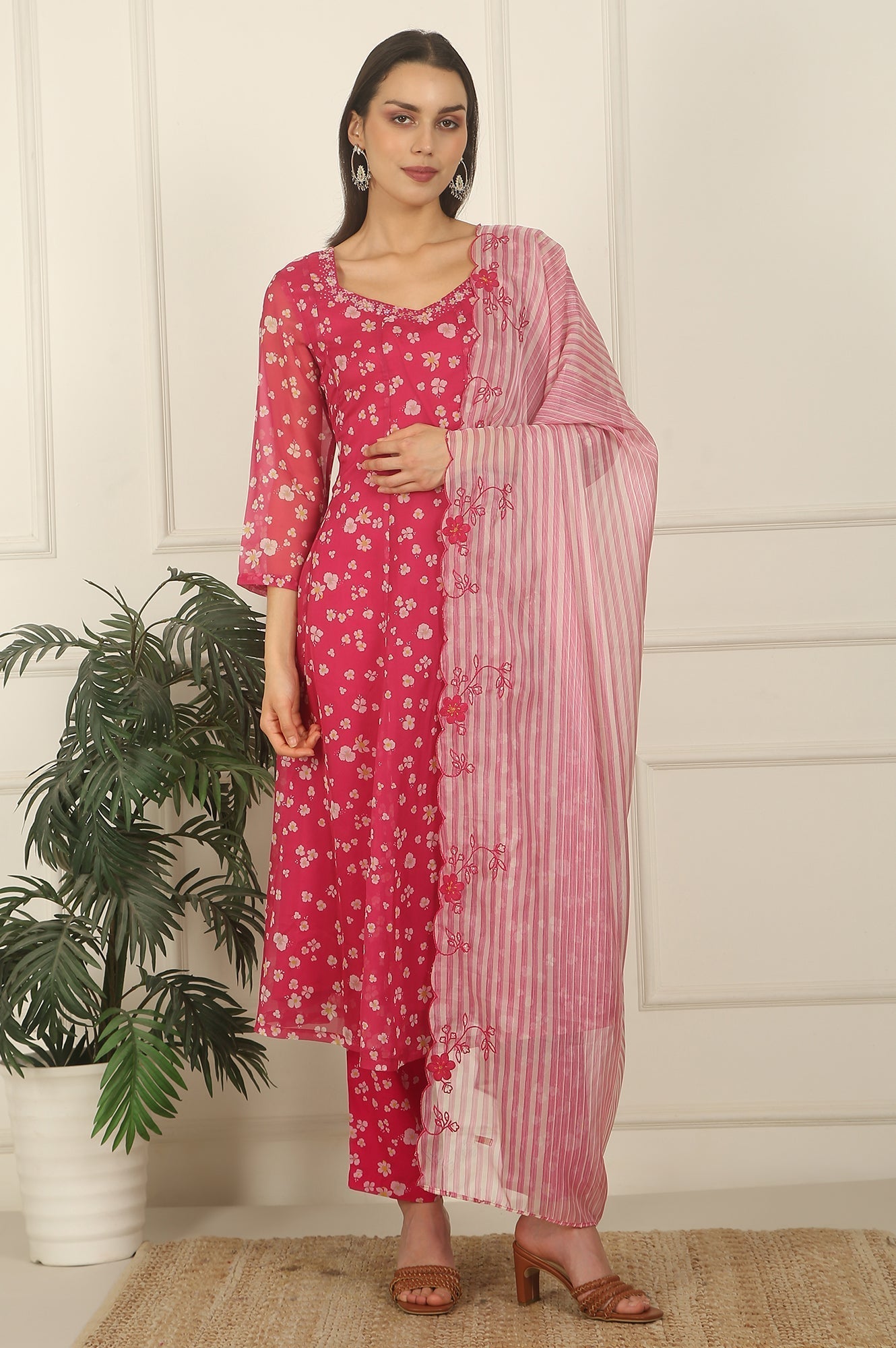 W for Woman Pink Floral Printed Organza Anarkali Kurta, Pants and Dupatta Set