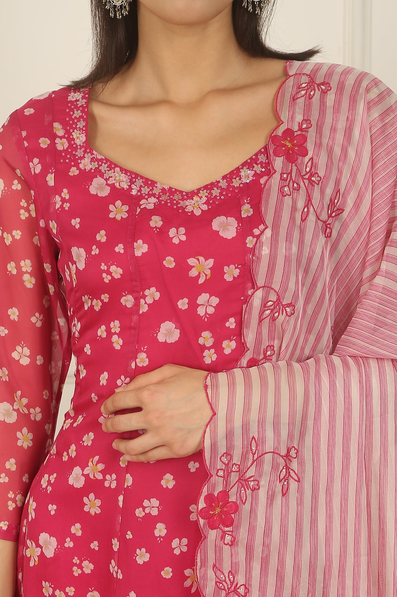 W for Woman Pink Floral Printed Organza Anarkali Kurta, Pants and Dupatta Set
