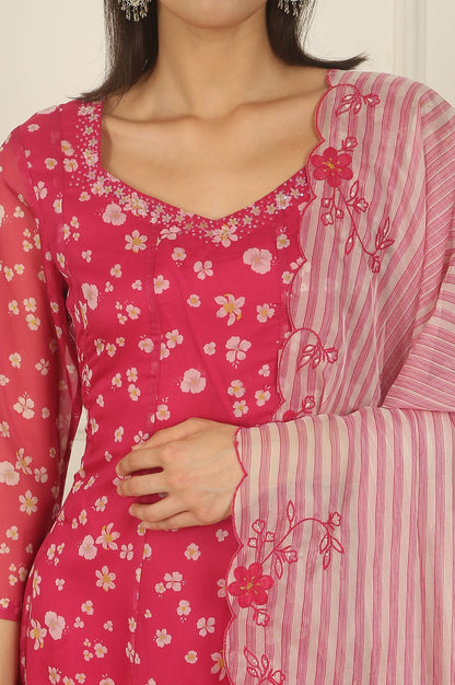 W for Woman Pink Floral Printed Organza Anarkali Kurta, Pants and Dupatta Set