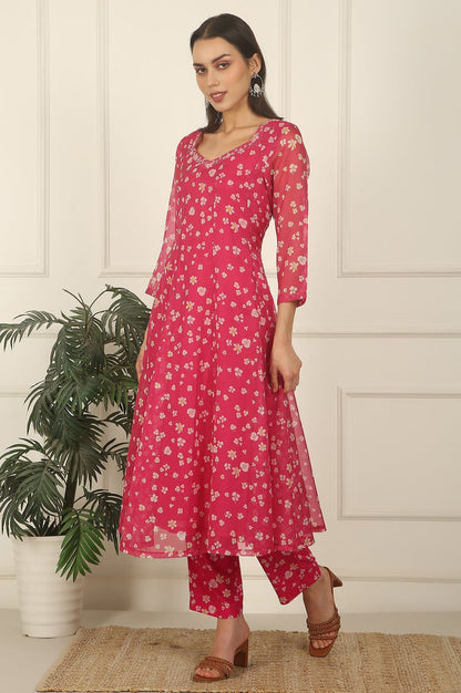 W for Woman Pink Floral Printed Organza Anarkali Kurta, Pants and Dupatta Set