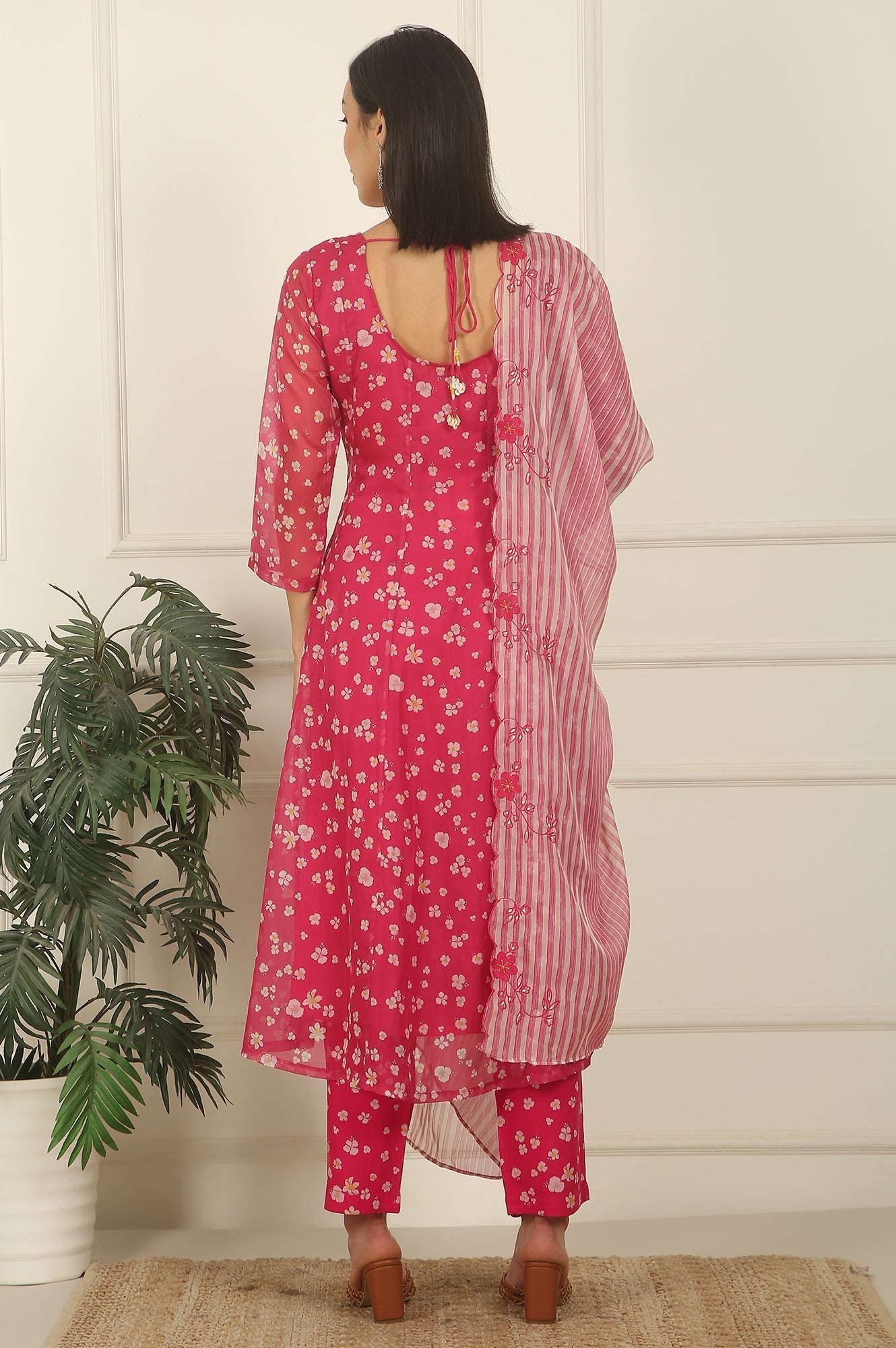W for Woman Pink Floral Printed Organza Anarkali Kurta, Pants and Dupatta Set