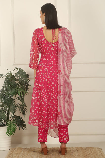 W for Woman Pink Floral Printed Organza Anarkali Kurta, Pants and Dupatta Set