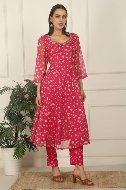 W for Woman Pink Floral Printed Organza Anarkali Kurta, Pants and Dupatta Set