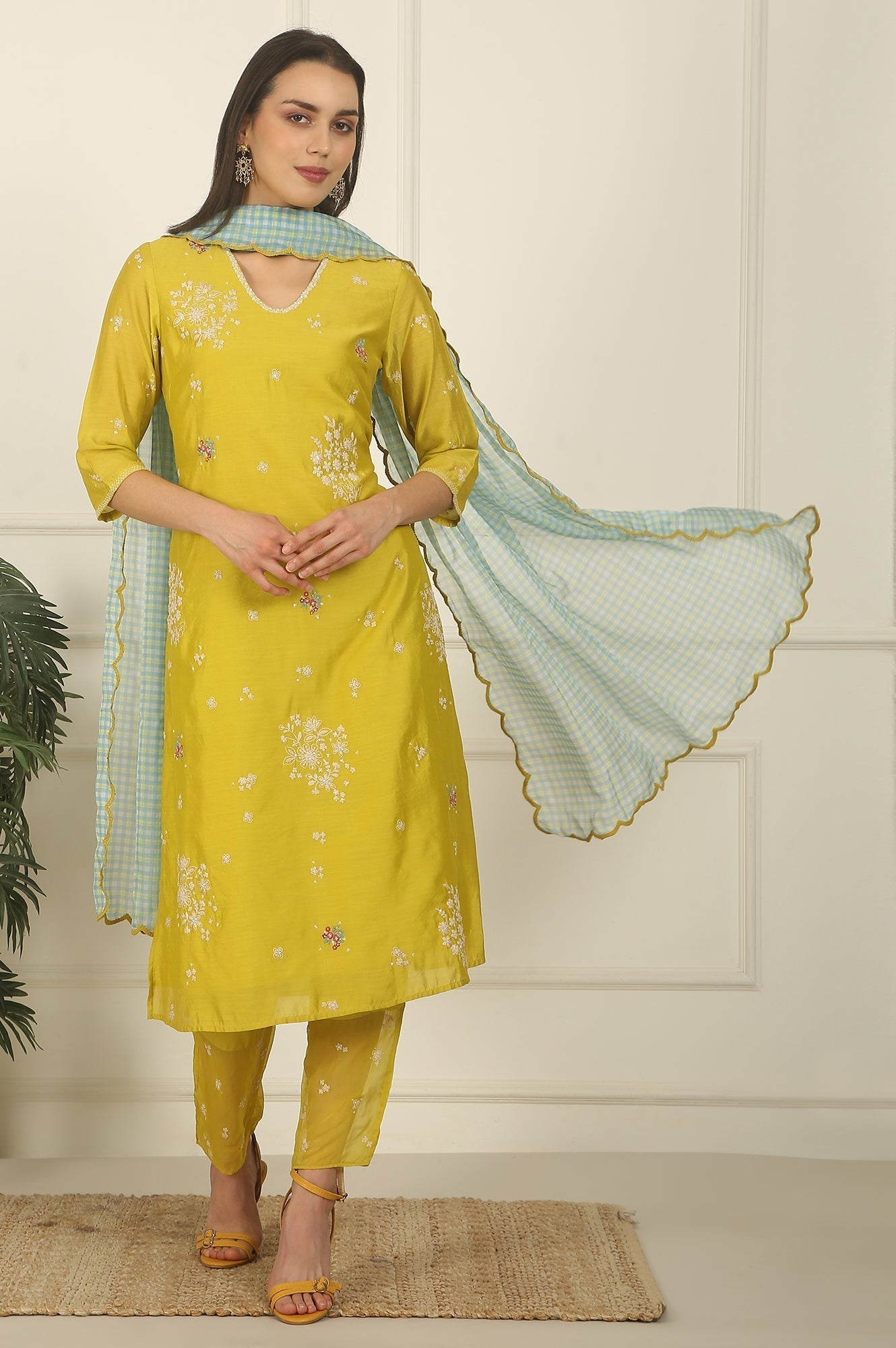 W for Woman Celery Green Embroidered Chanderi Straight Kurta, Pants and Dupatta Set
