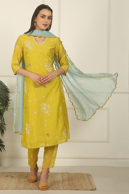 W for Woman Celery Green Embroidered Chanderi Straight Kurta, Pants and Dupatta Set