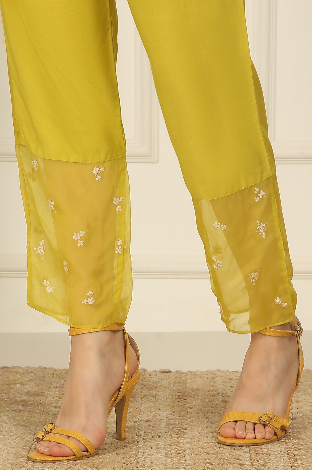 W for Woman Celery Green Embroidered Chanderi Straight Kurta, Pants and Dupatta Set