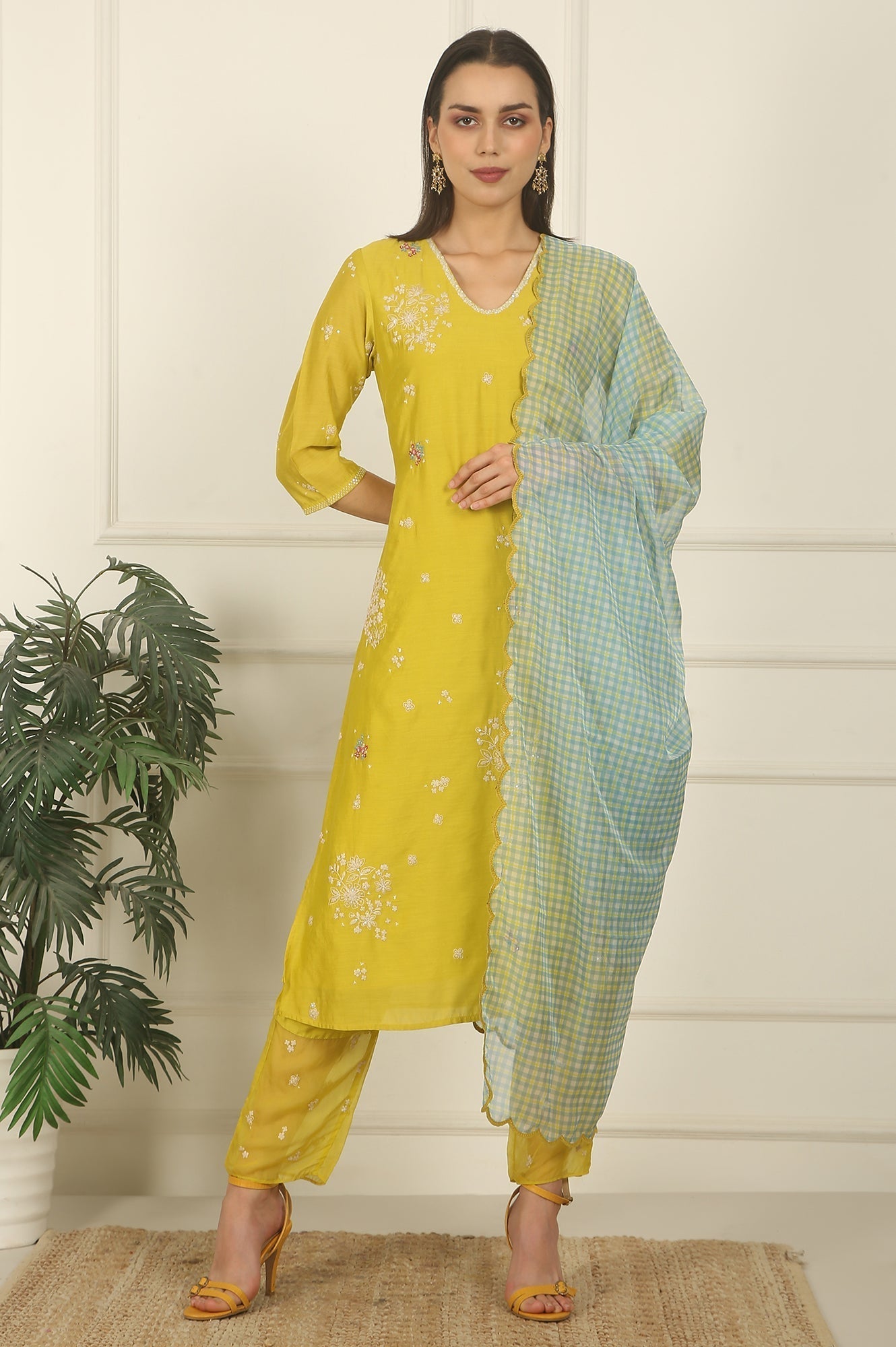 W for Woman Celery Green Embroidered Chanderi Straight Kurta, Pants and Dupatta Set
